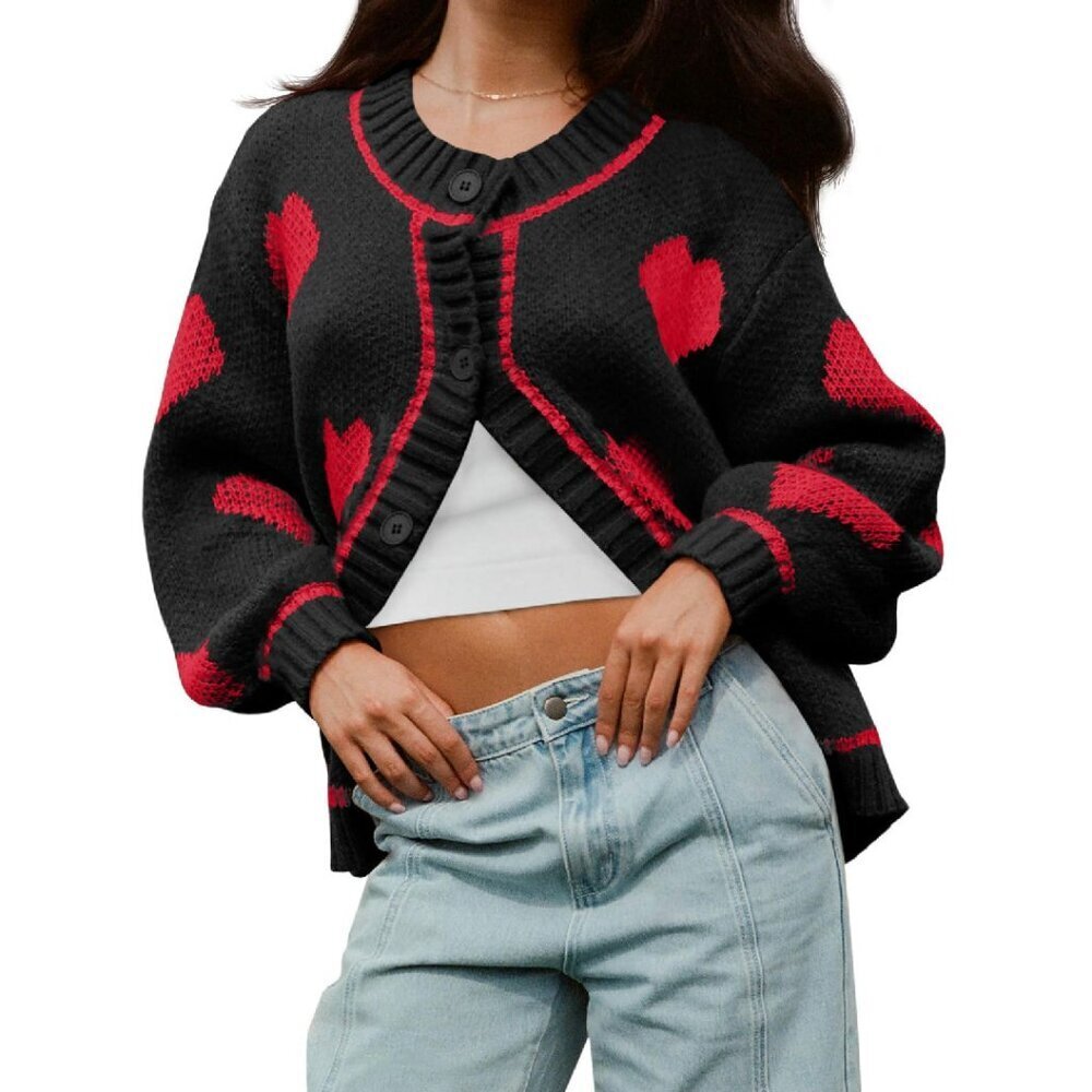 Chunky Knit Heart Cardigan Sweater Button Down Crewneck Long Sleeve